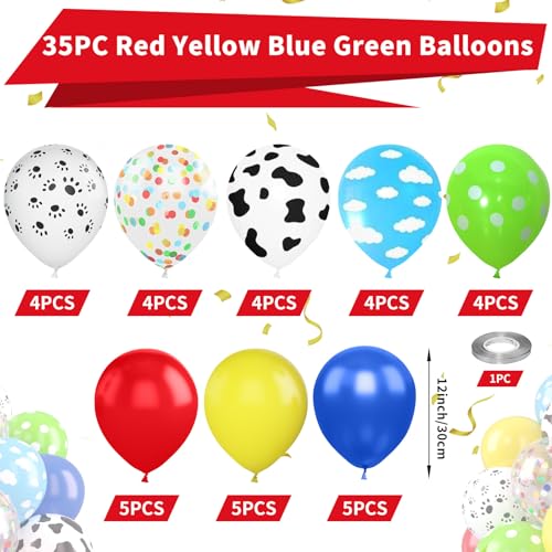 Image of Red Yellow Blue Balloons, Toy Theme Balloon, Dog Paw Cow Print Balloons Blue Cloud Balloon for Carnival Circus Theme Birthday Boys Baby Shower Party Decorations