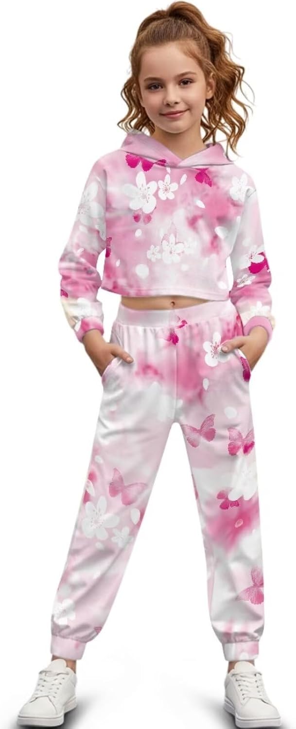 Xoenoiee Girls Crop Top Hoodie Long Sleeve Sweatshirts and Sweatpants Set Kids Casual Sweatsuits Tracksuit for 4-13