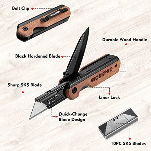 WORKPRO 2-in-1 Folding Knife/Utility Knife, Quick-Change Box Cutter with Belt Clip and Liner Lock, Extra 10 SK5 Blades Included - Afbeelding 4