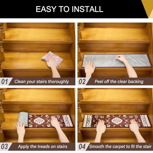 Krifey Stair Treads Non Slip for Wooden Steps, 15 Pack 30\" X 8\"Indoor Stair Carpet Runner Peel and Stick Stair Risers Self Reusable Staircase Rugs for Kids and Pets