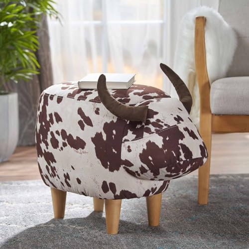 Thctvous 26 Cow Print Ottoman with Wood Legs Animal Ottoman Accent Footstool for Living Room Bedroom Porch Small Cute (Brown)