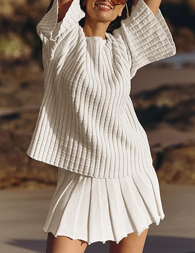 Image of Sweater Set 2 Piece Skirt Sets for Women Two Piece Outfits Casual Loose Knit Pullover Mini Skirt