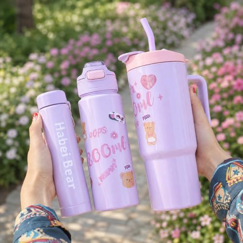 Image of Large Handle Water Bottle with Straw for Desk, Office, Travel - 1200 /900 /300 ML Gradient & Matte Hydration Bottle Set (Light Purple)