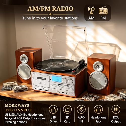 Image of Record Player with Two Full-Range External Speakers 10 in 1 Vintage Turntable CD Cassette Tape Player AM FM Radio 3 Speed BT Input & Output LP Players Support USB SD AUX RCA Auto Stop Retro Red Brown