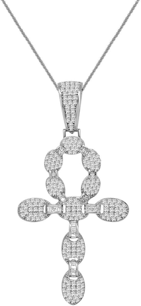 Real .925 Sterling Silver VVS1/D 2.55 Ctw. Simulated Diamonds 14K Gold Finish Puff Mariner Link Ankh Cross Charm Pendant Free Chain Neckless 2.50 Inch.