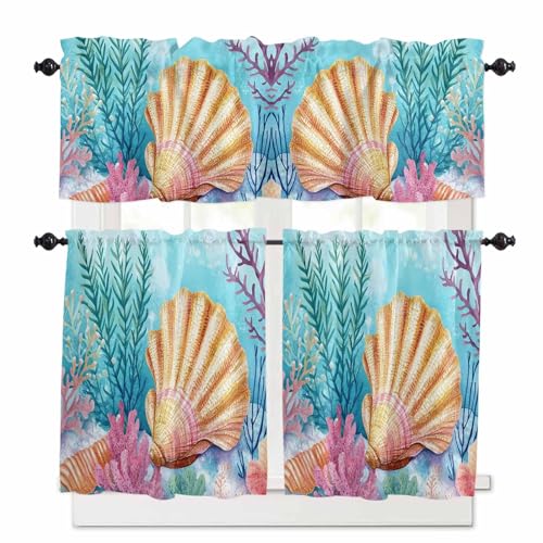 Summer Ocean Kitchen Curtains 36 Inch Length, 3 Piece Rod Pocket Small Half Tiers and Valance Set, Coastal Vintage Shell Coral Small Large Window Treatment Decor for Bedroom/Bathroom Sink