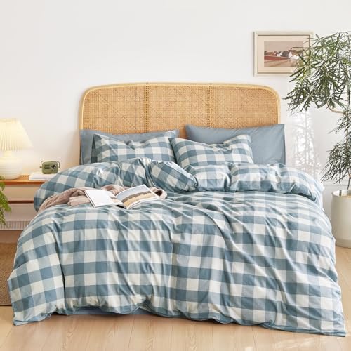 Wake In Cloud Gingham Cotton Duvet Cover Set – Plaid Buffalo Check, Green White, Twin/Twin XL, 3-Piece 3 thumbnail image