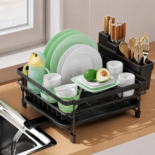 Image of HomeCloud Stainless Steel Dish Drying Rack for Kitchen Counter with Feet, 38 x 28 x 15 cm, Anti-Rust Dish Drainer with Smart Drainage Tray & Cutlery Holder (Black)