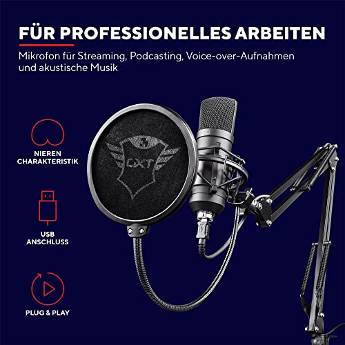 Trust Gaming 22400 GXT 252 Emita Plus Schwarz - Studio Mikrofon mit Arm und Popfilter, ideales Geschenk für Streamer und