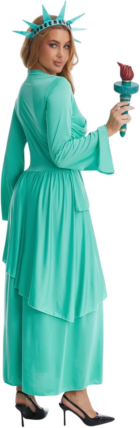 Women's Lady Liberty Costume with Torch, Crown, 4th of July Fancy Dress Statue of Liberties Cosplay Halloween