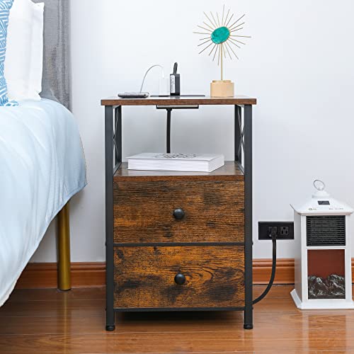 Amhancible End Table With Charging Station, Nightstand Set Of 2 With Fabric Drawer, Small Side Table Living Room With Usb Ports And Outlets For Small Spaces Bedroom Rustic Brown And Black #TOP3