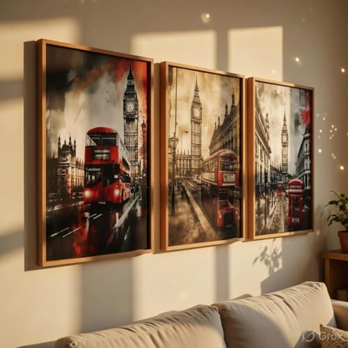 Image of Livin'luxe London City Wall Painting Set of 3 with Wooden Frames | Big Ben & Red Bus London Street Artwork HD Sparkle Laminated MDF Wall Decor | Modern Travel Wall Art for Living Room