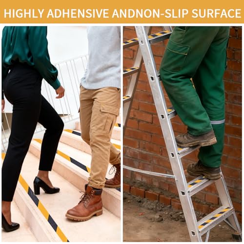 Image of Black & Yellow Anti-Slip Stair Treads Tape, 1 inch x35FT Heavy Duty Non-Skid Grip Tape for Indoor /Outdoor Steps, Bathroom & Pool - PVC Waterproof Safety Traction Tape