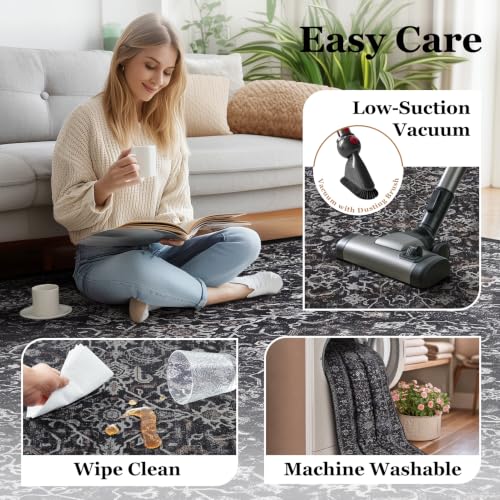 Image of Dark Entryway Rug 2x3, Kitchen Rugs Non Slip Washable, Low Pile Ultra Thin Door Mat Indoor Entrance, Small Carpet for Bedroom Bathroom, Vintage Farmhouse Earth Tone Midnight