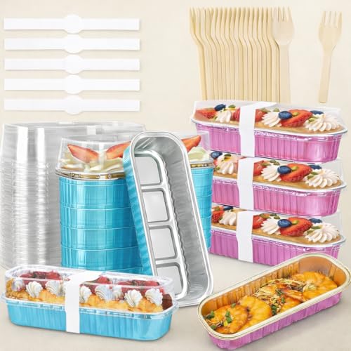 BAAZ 120pcs Mini Loaf Pans with Lids and Spoons 200ml Rectangular Aluminum Foil Baking Pans Mini Cake Tins Containers with Sealing Sticker for Bread Cake Wedding Birthday Picnic Party (Pink Blue)