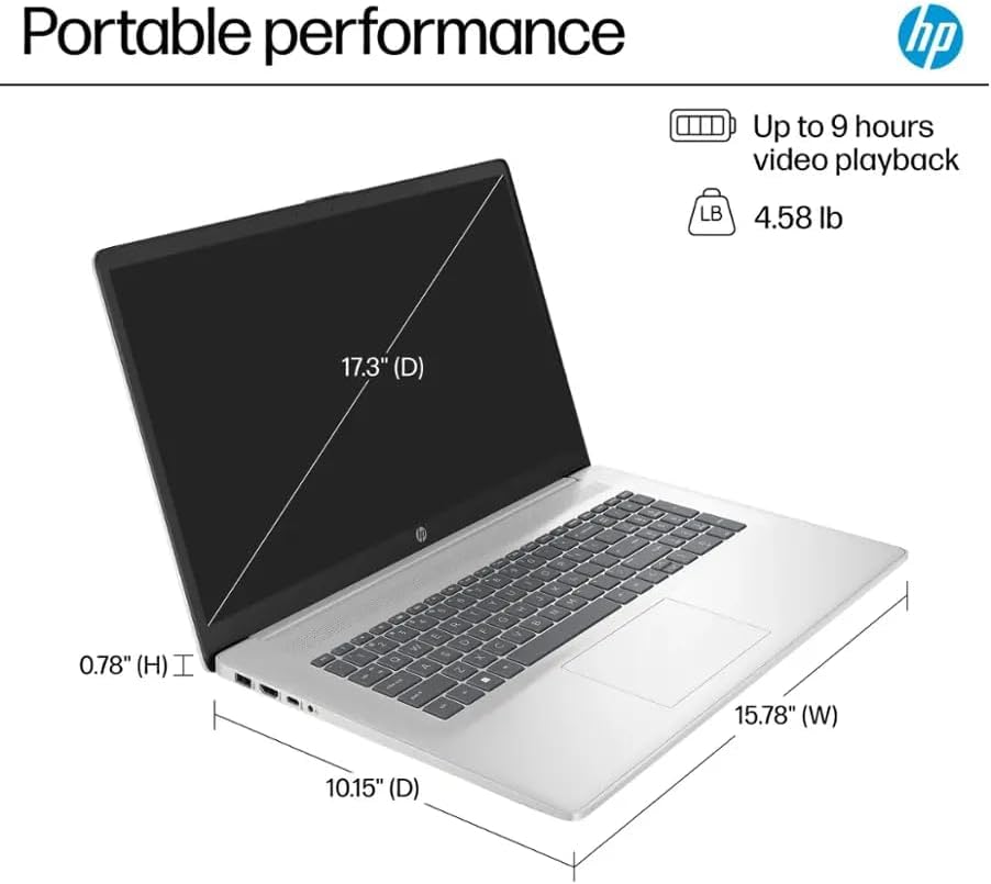 HP 17.3 inch Laptop PC, showing dimensions and weight