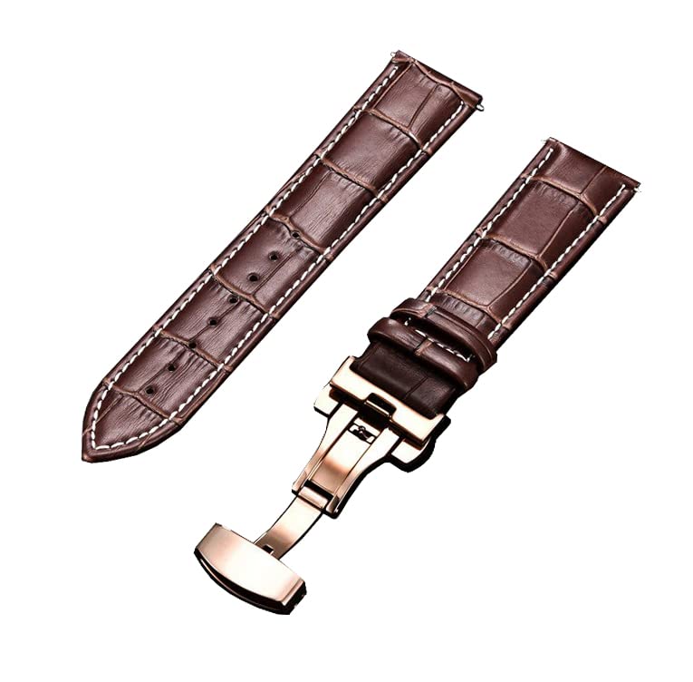 Image of 18mm 19mm 20mm 21mm 22mm 23mm 24mm Genuine Leather Butterfly Deployment Clasp Buckle Watch Band Strap Black Dark Brown TAN Blue Rose Black Gold White