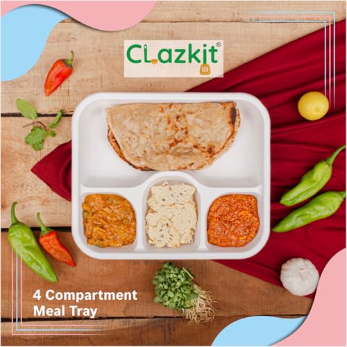 Image of Clazkit 25 Pack, 4-Compartment Disposable Meal Tray | Compostable Bagasse Plates | Eco-Friendly Biodegradable Dinner Plates | Party, Wedding, Event Plates