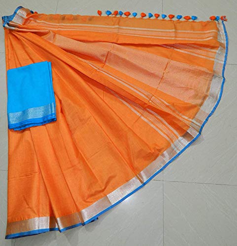 Image of STB-SILK TEXTILES BHAGALPUR Women's Linen Slub Saree With Contrast Blouse Piece