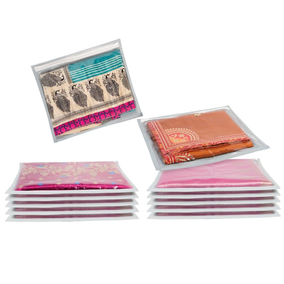 Homestrap Set of 12 Single Saree Covers | Transparent Top, Foldable & Zip Closure | Clothes Storage Bag & Wardrobe Organizer | Dust & Moisture Resistant Organizers |Grey
