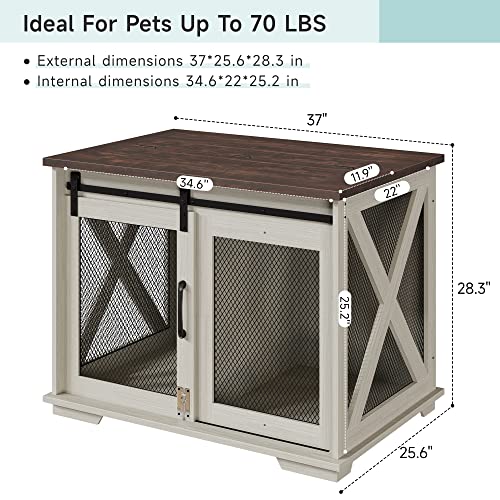 Gocaptain Dog Crate Furniture With Sliding Barn Door, Wooden Cage End Table, Indoor Puppy Kennel With Removable Divider, Dog Kennel With Detachable Divider For Small/Medium/Large Dog, White #TOP6