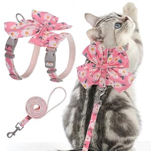 PAWCHIE Cat Harness and Leash Set with Bow Knot,Cats Escape Proof-Adjustable Daisy Floral Kitten Harness Soft Outdoor Walking Travel Pet Harness,Puppy Harness for Girl Cats Bunny Rabbit Small Dog,Pink