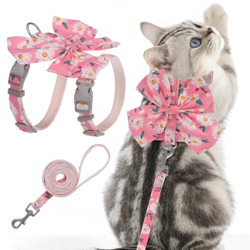PAWCHIE Cat Harness and Leash Set with Bow Knot,Cats Escape Proof-Adjustable Daisy Floral Kitten Harness Soft Outdoor Walking Travel Pet Harness,Puppy Harness for Girl Cats Bunny Rabbit Small Dog,Pink