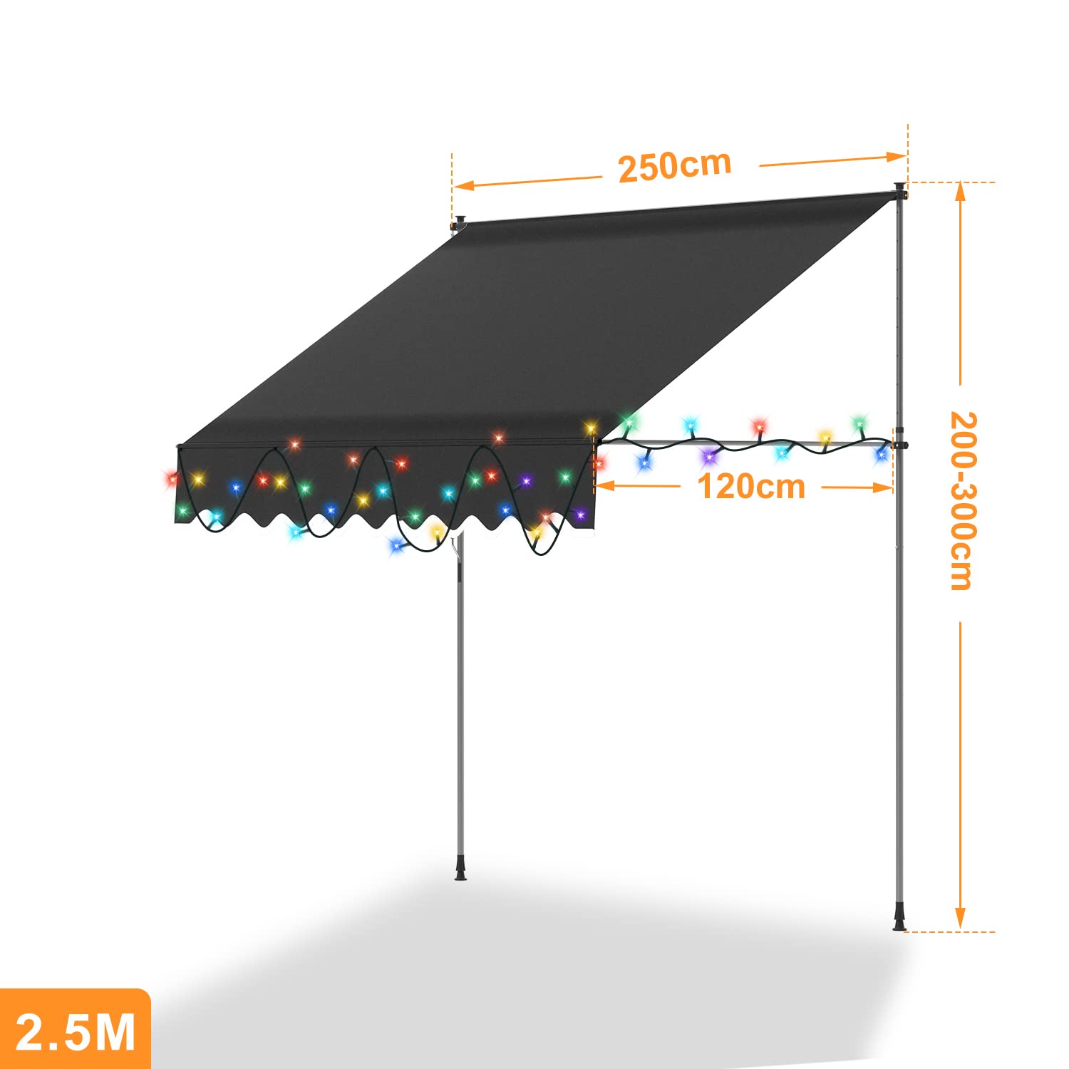 Daromigo Markiza zaciskowa z solarnym kolorowym łańcuchem świetlnym LED, 250 x 120 cm, markiza balkonowa bez wiercenia, z korbą ręczną, regulacja wysokości, ochrona przed promieniowaniem UV, ochrona
