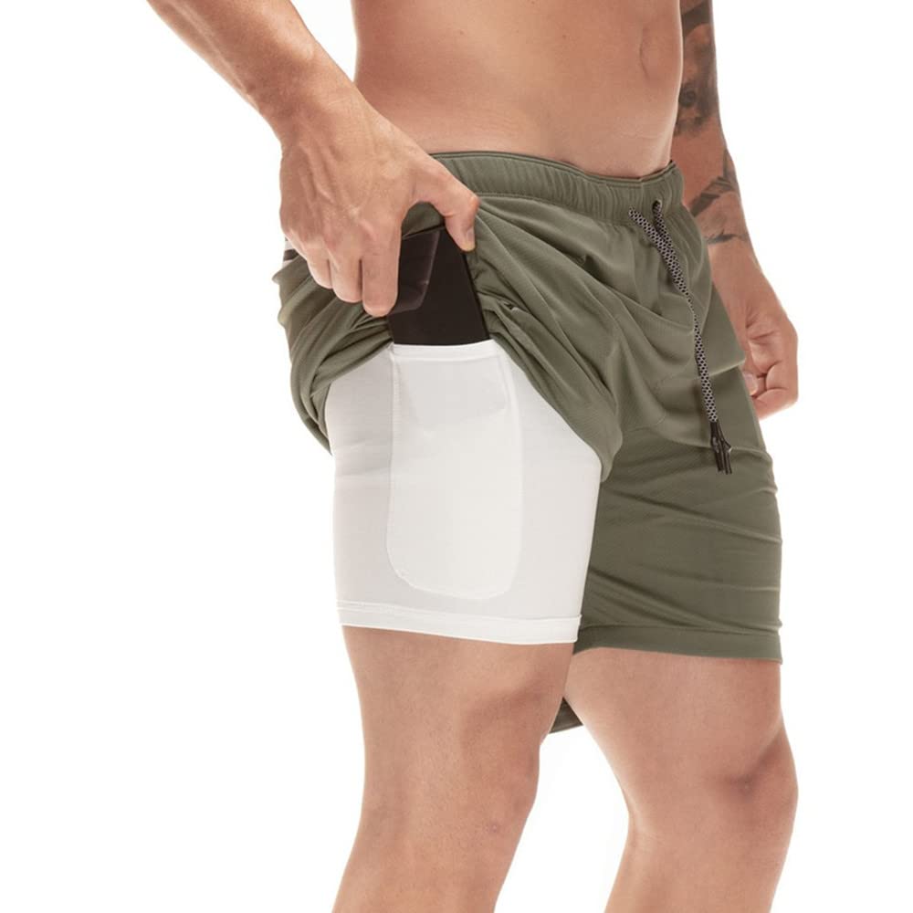 Surwin Men's Armygreen Quick Dry Swim Trunks Swimming Shorts With Compression Liner 2 In 1, Summer Beach Pants Casual Running Gym Sports Pants Boardshorts With Pockets