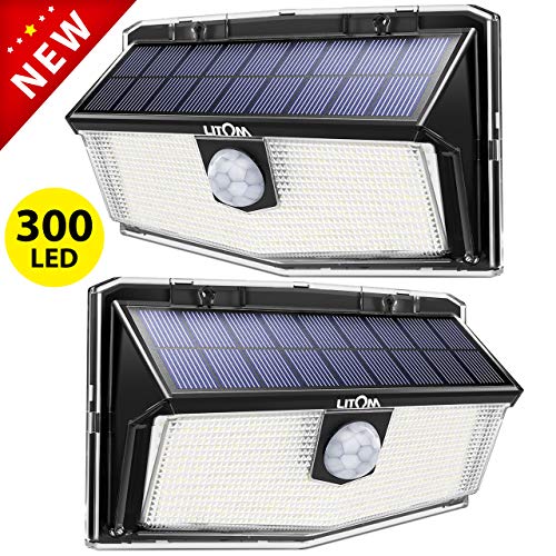 300 LED Éclairage Solaire Exterieur avec Détecteur de Mouvement, Lampe Solaire 3 Modes déclairage à Niveau IP67 étanche, Lumière Murale Spot Solaire pour Jardin, Garage, Allé, Entrée - 2 Pack