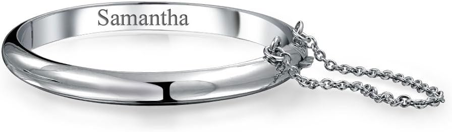 Bling Jewelry Personalize Small Wrist 5 Inch Simple Stackable Dome Bangle Cuff Bracelet .925 Sterling Silver Safety Chain Customizable