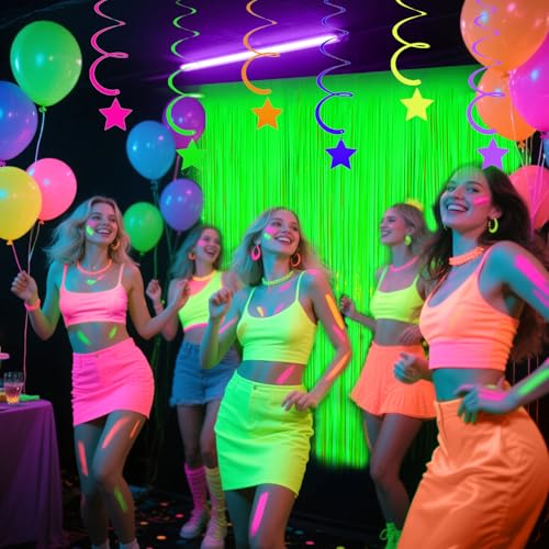 Image of Glow in The Dark Party Supplies, 4 Packs Neon Party Decorations, Macaron Green Blacklight Reactive Fluorescent Tinsel Foil Fringe Curtains, Luminous Backdrop Streamers for Birthday, Photo Booth Prop