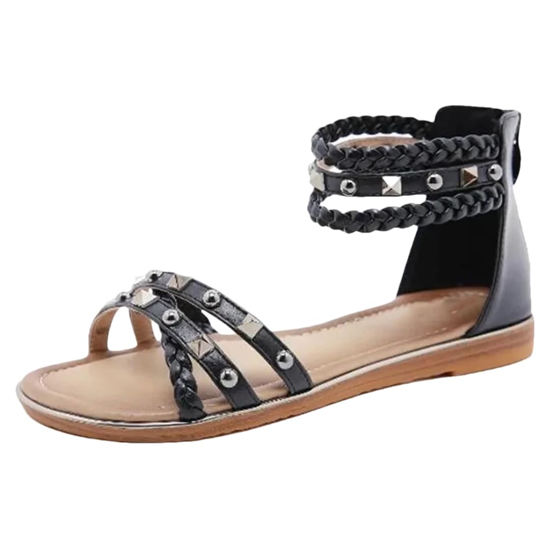Sandalias étnicas con banda elástica para mujer, con correa de tobillo, tacón plano, con parte lateral abierta, estilo étnico, con remache superior, tejidas, retro, romanas, informales, de verano