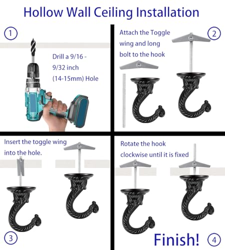 OBSTKUCHEN 3 Sets Large Swag Ceiling Hooks Heavy Duty Swag Hook with Hardware for Hanging Plants Ceiling Installation Cavity Wall Fixing (3 Sets, Black) - Image 6