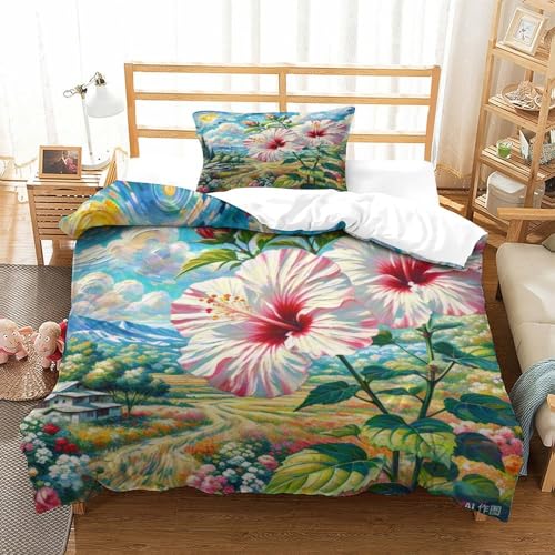 Housse de couette hibiscus 3D en microfibre douce pour lit simple enfant