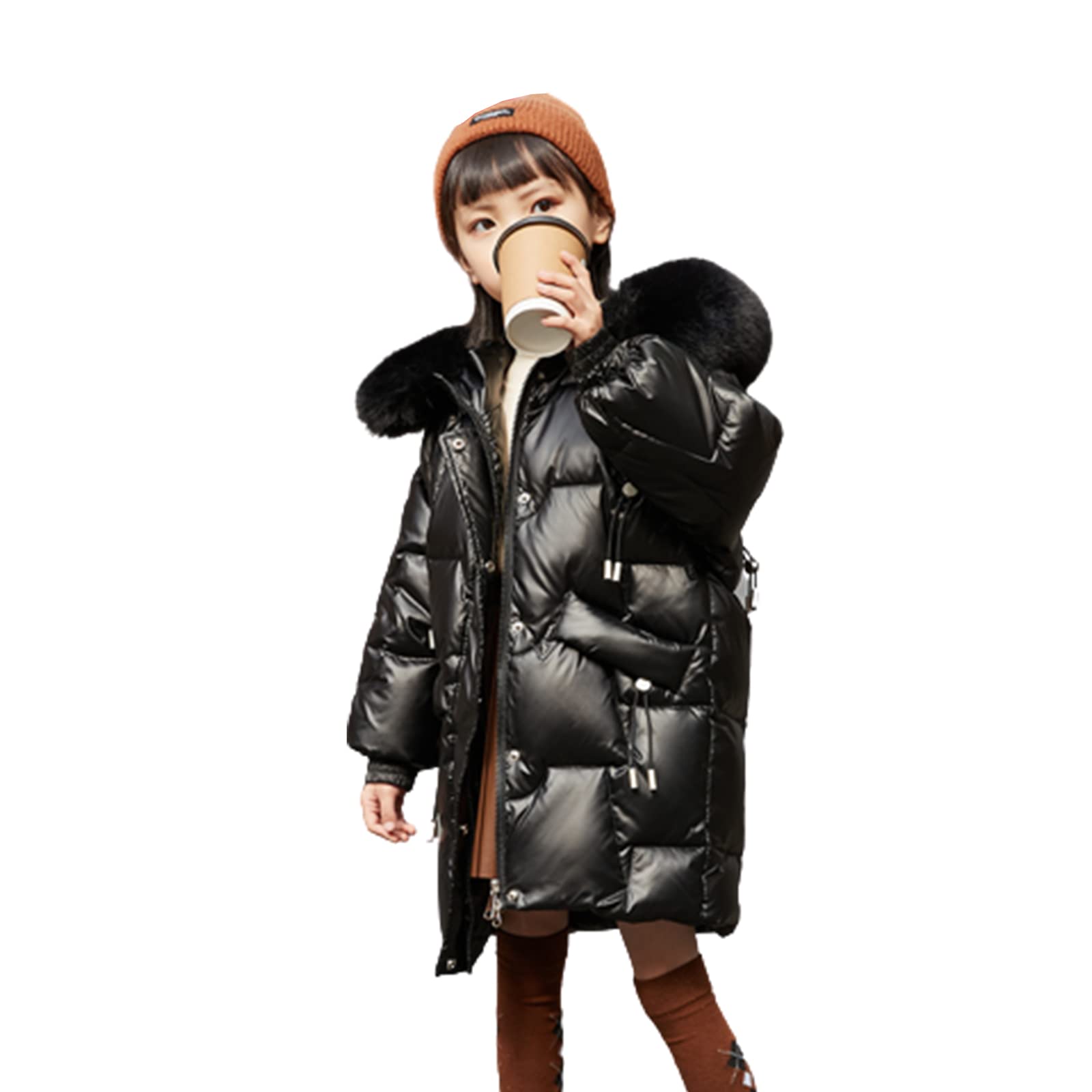 Piumino D'Anatra Bianco per Bambini Giacca Invernale con Cappuccio Ispessita per Ragazze di Media Lunghezza,Black,11(120CM)