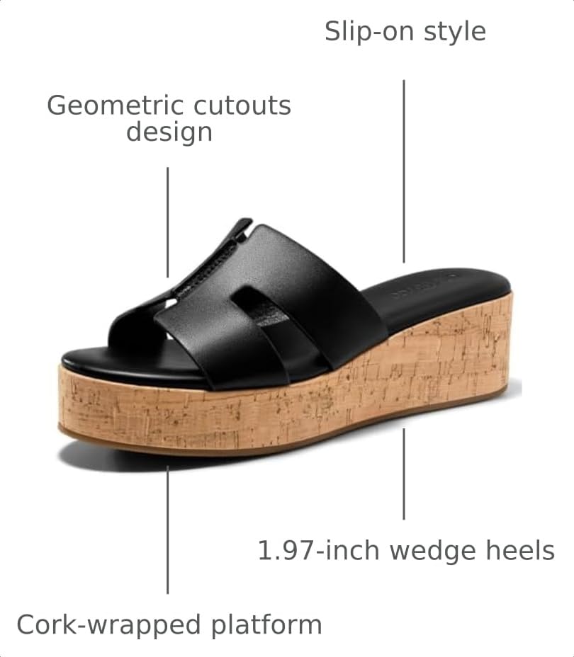 Image of Coutgo Women's Platform Wedge Sandals Open Toe Slip On Slides Cork Heeled Cutout Comfortable Summer Shoes