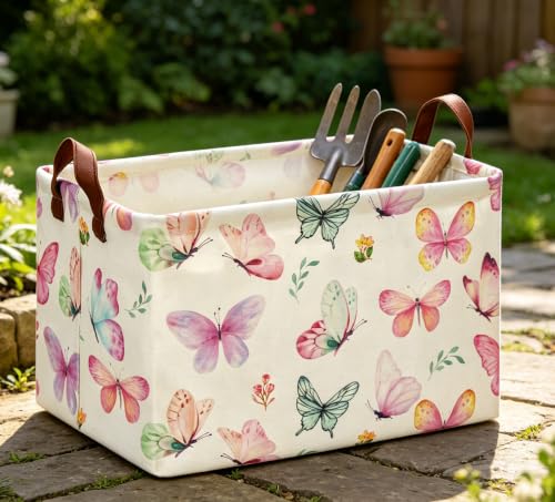 Image of Rectangle Pink Butterfly Storage Basket, Collapsible Storage Bin, Books Box, Gift Basket(Pink Butterfly)