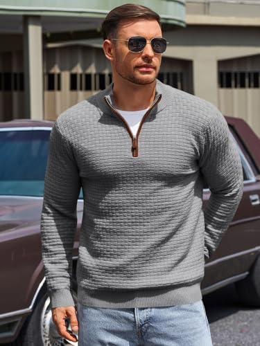 Runcati Mens Quarter Zip Pullover Sweaters Mock Neck Slim Fit Lightweight Pullover Waffle Knit Casual Polo Sweater4