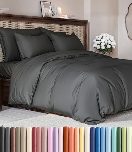 Image of Duvet Cover Full Size - Soft 3 Piece Set with Zipper Closure - Charcoal | Extra Soft Full Duvet Cover 80 inch x 90 inch with 2 Pillow Shams, Hotel Luxury w / Zipper Closures & Ties, Comfy & Breathable, Comfy