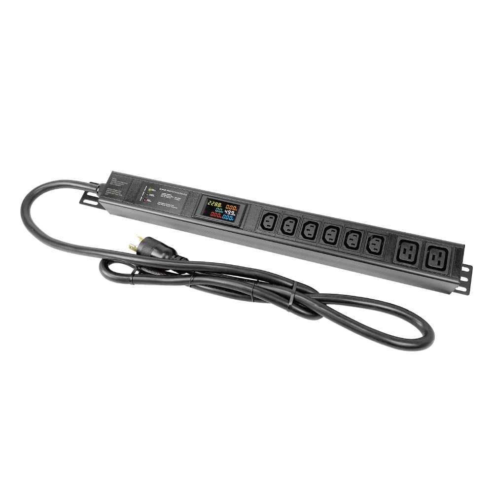 Multi Metered-Surge Protection PDU, 240V, L6-30P, 30A, 7200watts, (6) C13 & (2) C19 Outlets, Crypto Mining PDU, Data Centre PDU, ASIC/RIGS PDU,IT Networking with LCD Display Multimeter