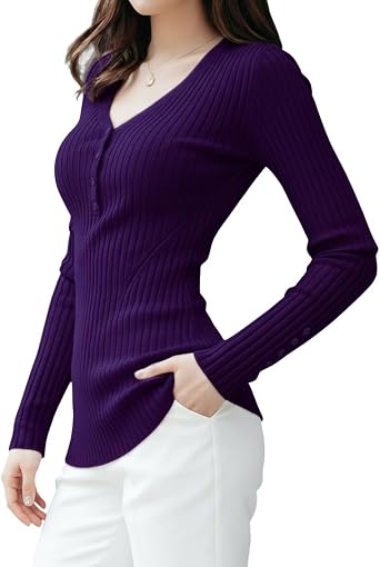 v28 Women Tops Long Sleeve V Neck Henley Button Up Casual Sexy Slim Fit Ribbed Knit Knitwear Pullover Sweater L, Purple