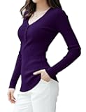 Women Tops Long Sleeve V Neck Henley Button Up Casual Sexy Slim Fit Ribbed Knit Knitwear Pullover Sweater (L, Purple)