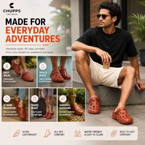 Image of CHUPPS Gator Clogs for Men | Lightweight EVA Clogs | Anti-Slip Sole | Cushioned Footbed | Breathable Ventilation | Adjustable Back Strap | Waterproof Casual Garden Clogs for Men