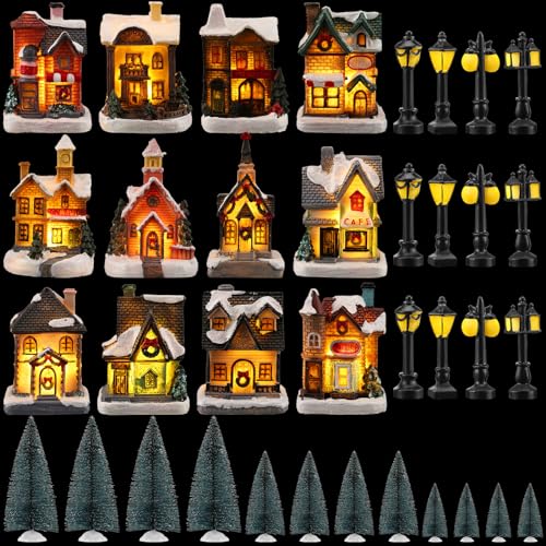 Liliful Juego de 36 piezas de decoración de pueblo de Navidad con luz LED, escena de casa de pueblo de Navidad, casas de invierno, colección de edificios de aldea para regalos de Navidad, mesa
