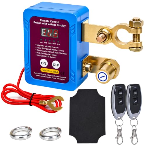 Desconectador de Bateria Coche Corta Corriente 12v 240A Cortacorrientes con 2 Mando Inalámbrico 100m, Voltímetro LED Interruptor Desconexión Batería Automática Universal para Coche Moto Camión RV ATV