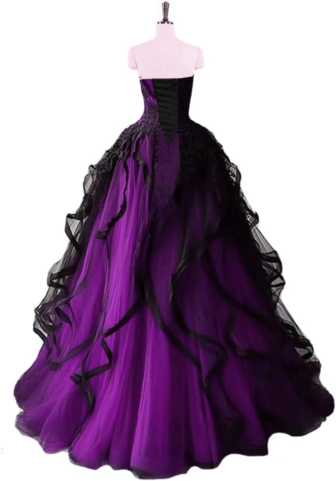 Sweetheart Gothic Black Ruffles Prom Wedding Dresses Long Tulle Lace Ball Gown Quinceanera