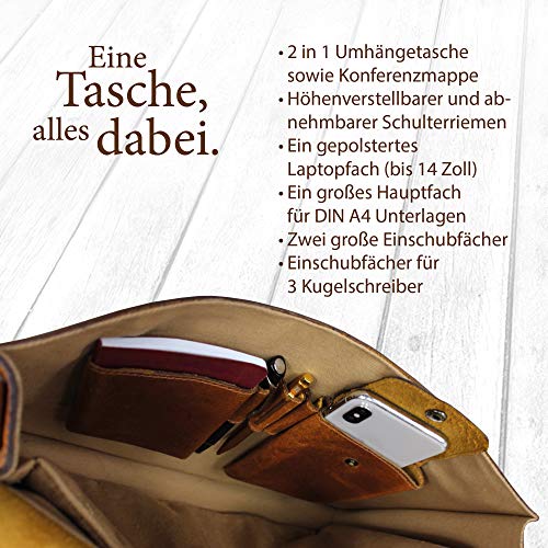 Sac cartable multipoches en cuir marron avec compartiment PC 14"