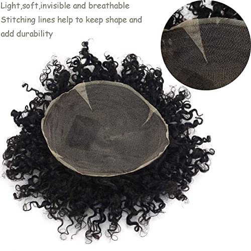 Voloria 2022 New Toupee For Men European Human Hair Replacement System Hairpieces Soft Thin Super Full Swiss Lace Toupee 10”X8” Base Small Curly Natural Black Color #TOP5
