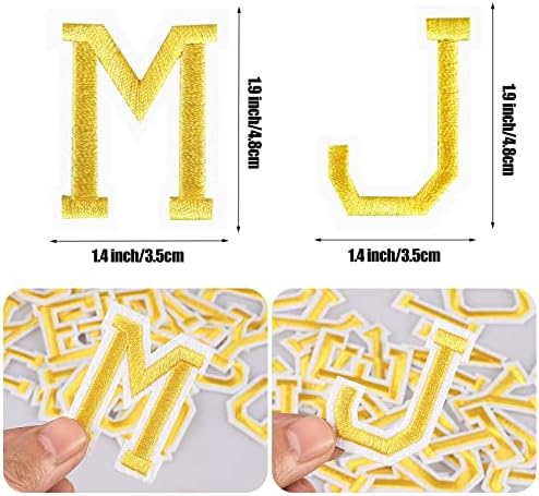52 Pieces Iron on Letter Patches, Applique Letter Patches with 1 pcs Gold-Plated Sewing Needle, Sew on Letter Embroidered Patches, Alphabet Patches for Clothning, Gold